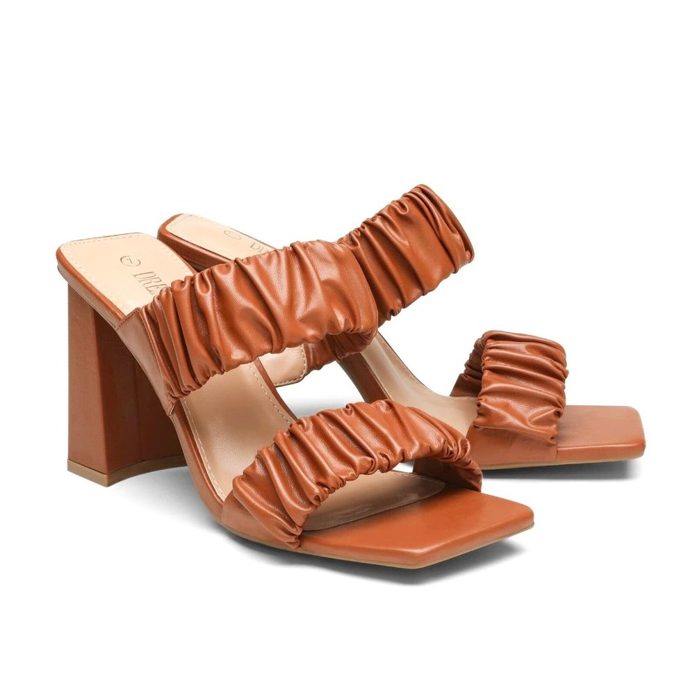 Women Slip On Mule Heel Sandals Square Toe Chunky Heel Slip On Shoes- TAN